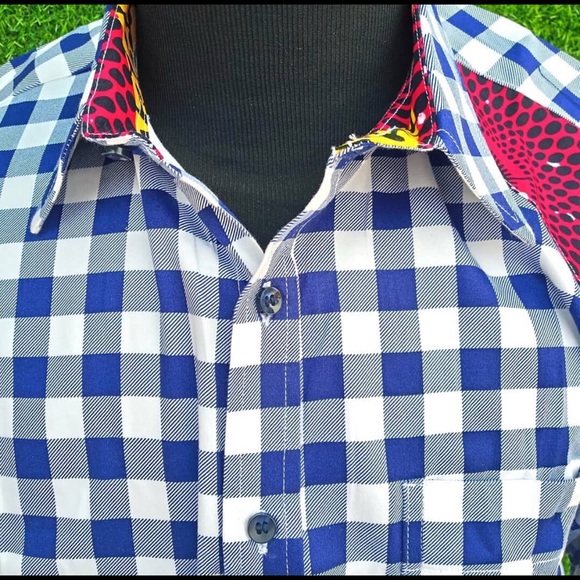Blue & white checked and African print men’s shirt - Picture 2 of 4